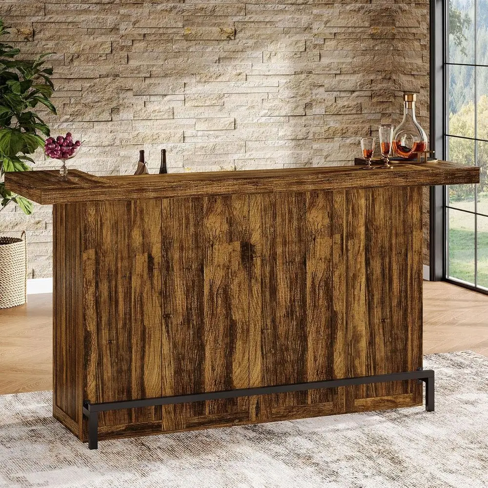 Large 70.9 4-Tier Wooden Home Bar with Wine Glass Holder, Storage Shelves, and Black Footrest - Brown