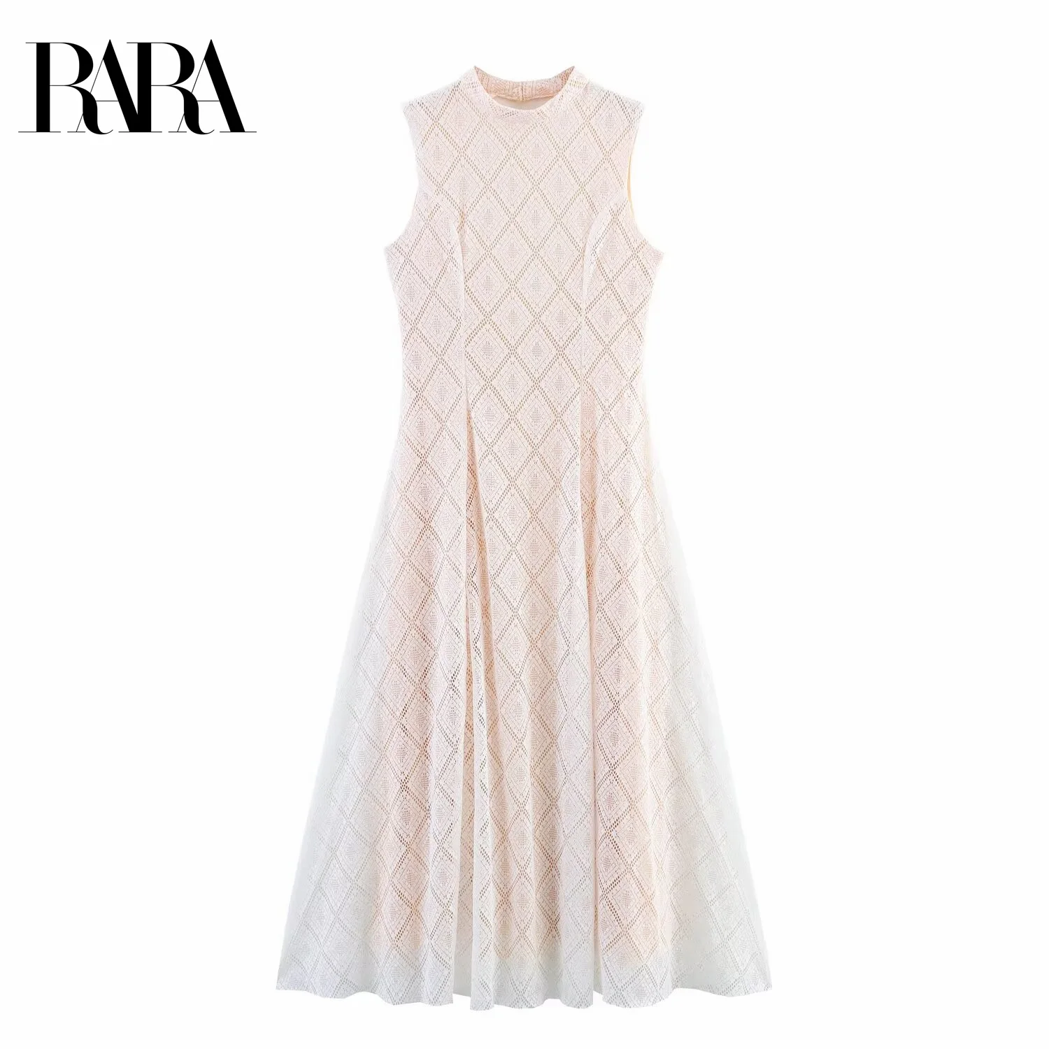 

RARA Womens Sexy and Elegant Small Stand Collar Sleeveless Vest Style Mid Length Lace Dress with Back Hollow Out Decoration