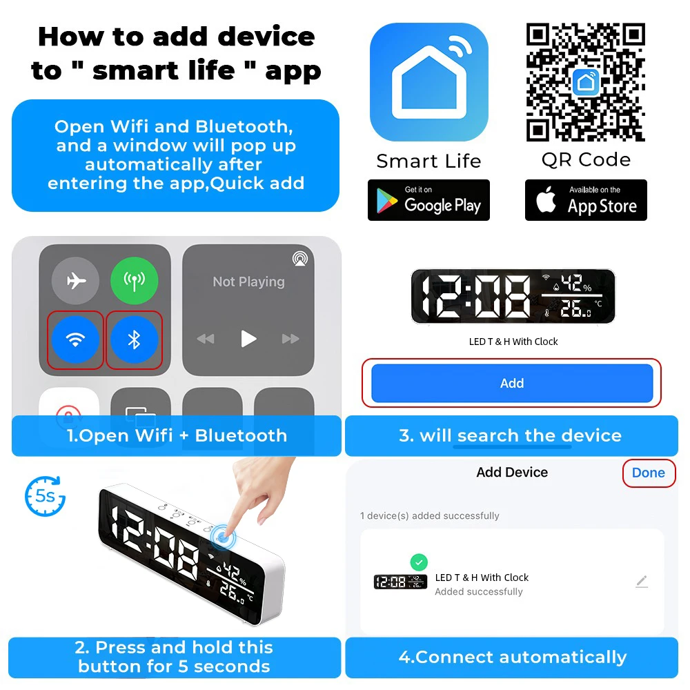 Tuya WiFi LED Wecker Unterstützung Temperatur Feuchtigkeit Sensor Zeit Display USB Desktop Spiegel Uhren für Wohnzimmer Dekoration – Detail 15