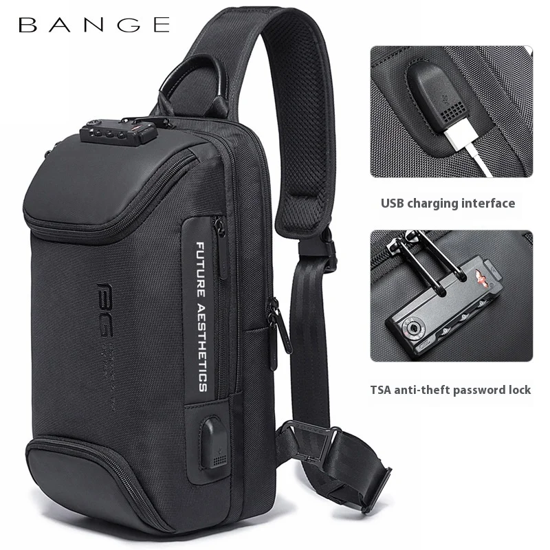 BANGE New Luxury Men's Chest Bag Outdoor Travel Shoulder Bag with USB charging Waterproof anti-theft anti-scratch Crossbody Bag