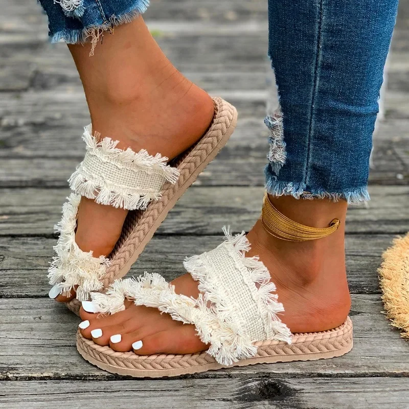 Flat Slippers Summer New Round Head Set Toe Tassel Soft Soled Beach Shoes Lightweight Anti-slip Wear Slippers women shoes