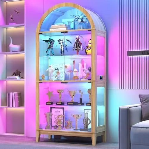 5-Tier Arched RGB Motion Sensor Glass Display Cabinet for Living Room,Wood