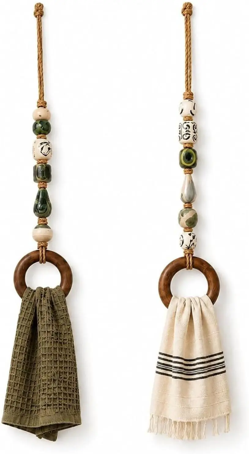 Decorative Beaded Towel Hanger with Wooden Ring-Rustic Wood Bead Hanging Holder,for Bathroom &Kitchen Decor,Vintage Cottage Gift