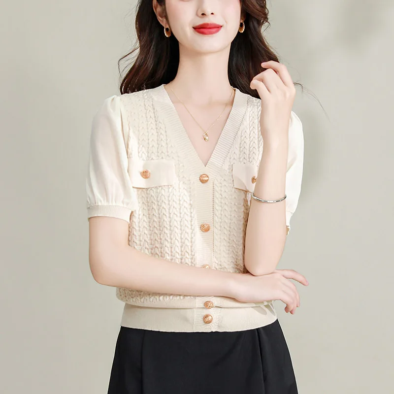 Women Clothing Vintage Fashion Solid Knit Shirts Summer Elegant V-neck Short Sleeve Thin Sweaters Office Lady Chic Cardigan