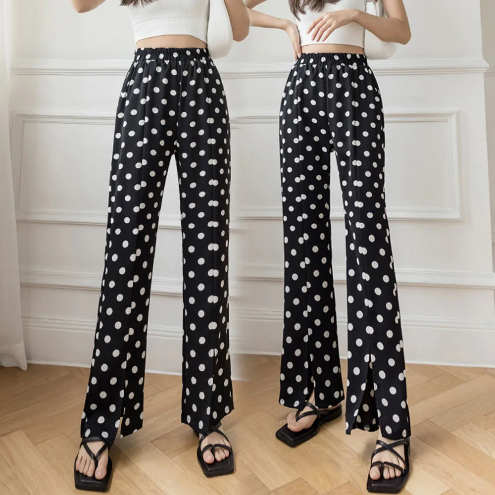 Polka Dot Wide-Leg Pants Women Spring and Summer Drape Chiffon Casual Trousers flares Pants Loose Straight-Leg Pants