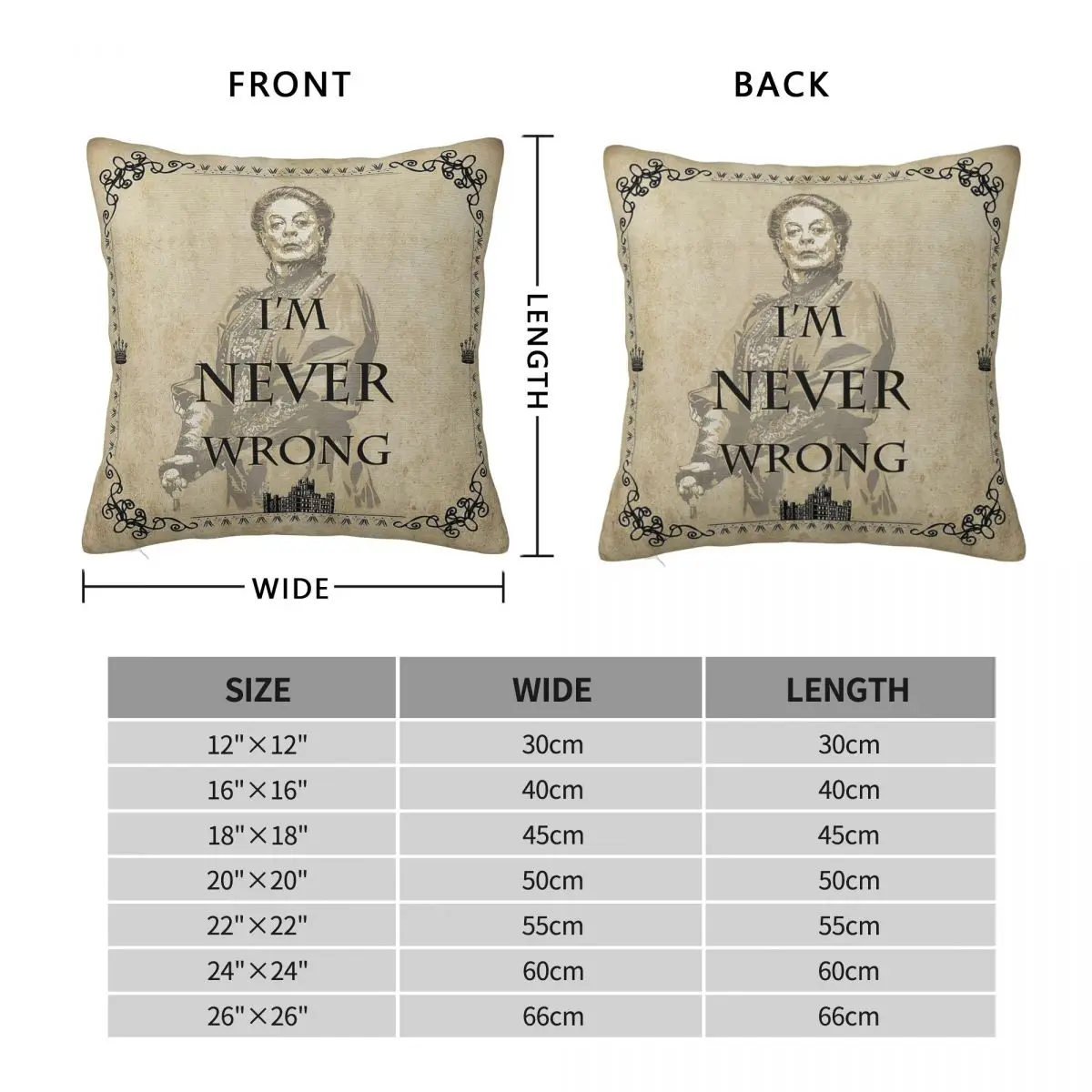 I'm Never Wrong Dowager Countess Square Pillowcase Polyester Linen Velvet Printed Zip Decorative Throw Pillow Home Cushion Cover