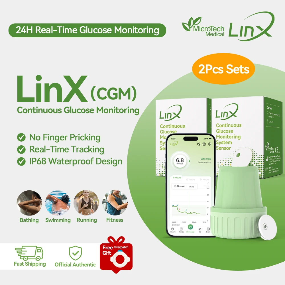 MicroTech LinX CGM, 2 Sensores, Monitor Continuo de Glucosa, Sin Pinchazos, Prueba de Azúcar en Sangre, 24h en Tiempo Real, 30 Días, Diabetes
