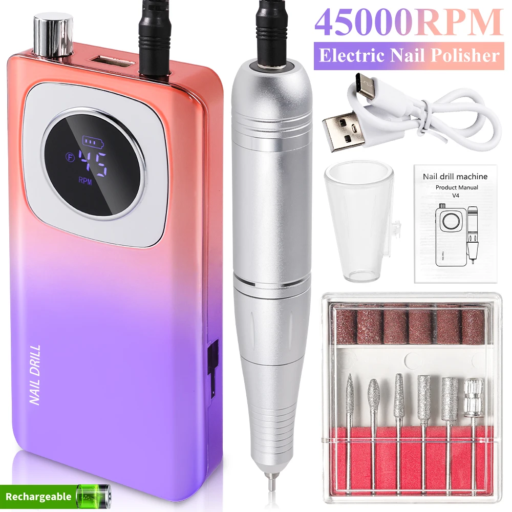 Professional Portable 45000RPM Rechargeable Rechargeable Professional Nail Drill Machine for Semi-Permanent Acrylic Manicure