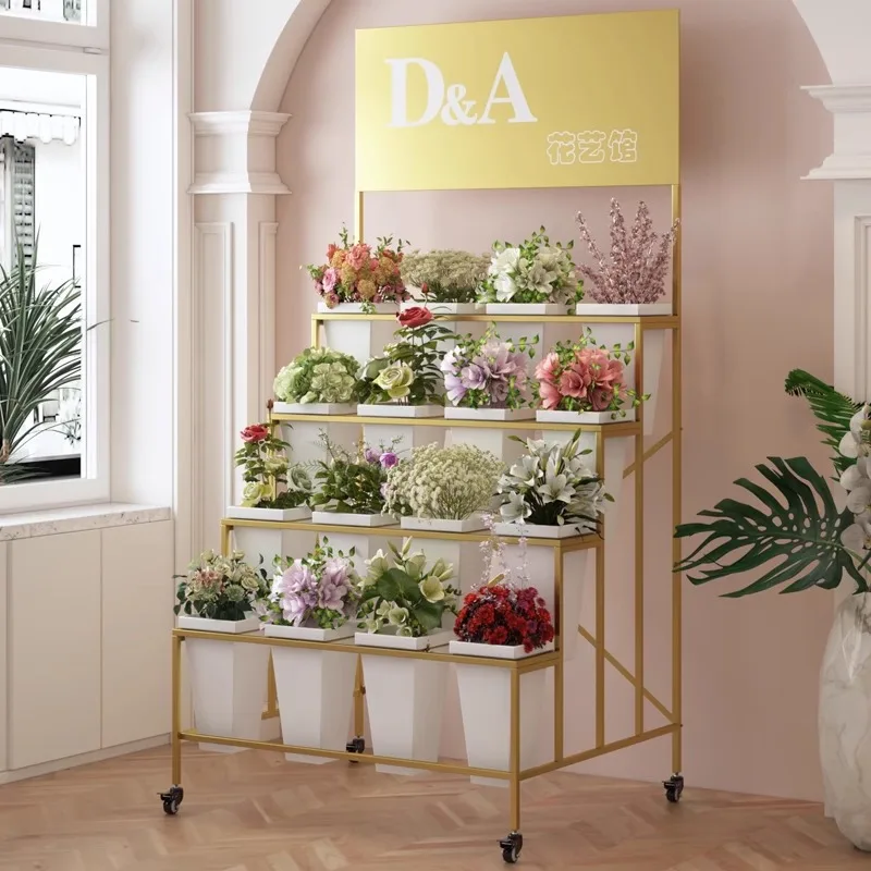 

Floor-to-ceiling combined ladder plastic shelf wrought iron belt universal wheel indoor display flower stand