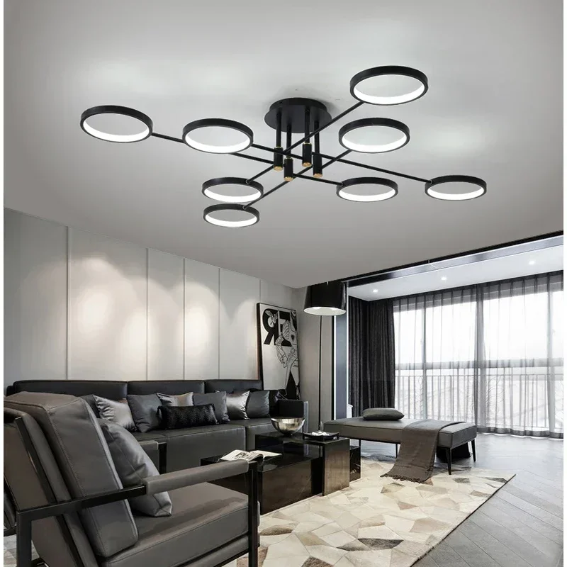 

Modern LED Ceiling Chandelier for Living RoomBlack Circles Aluminum Ceiling Light with Remote Control Interior Room Lighting