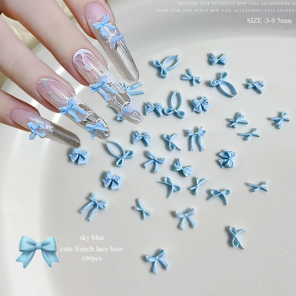 100 قطعة صغيرة السماء الزرقاء الدانتيل الفرنسية القوس مسمار الفن السحر الوردي/الأبيض ثلاثية الأبعاد الراتنج الشريط Bowknots مستلزمات الأظافر DIY بها بنفسك الحلو مانيكير ديكور