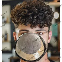 Cabelo Humano Europeu Toupee para Homem, Fino Encaracolado, NPU Mono, Sistema de Substituição de Toupee Capilar, Prótese Cabelo Unidades, 18mm