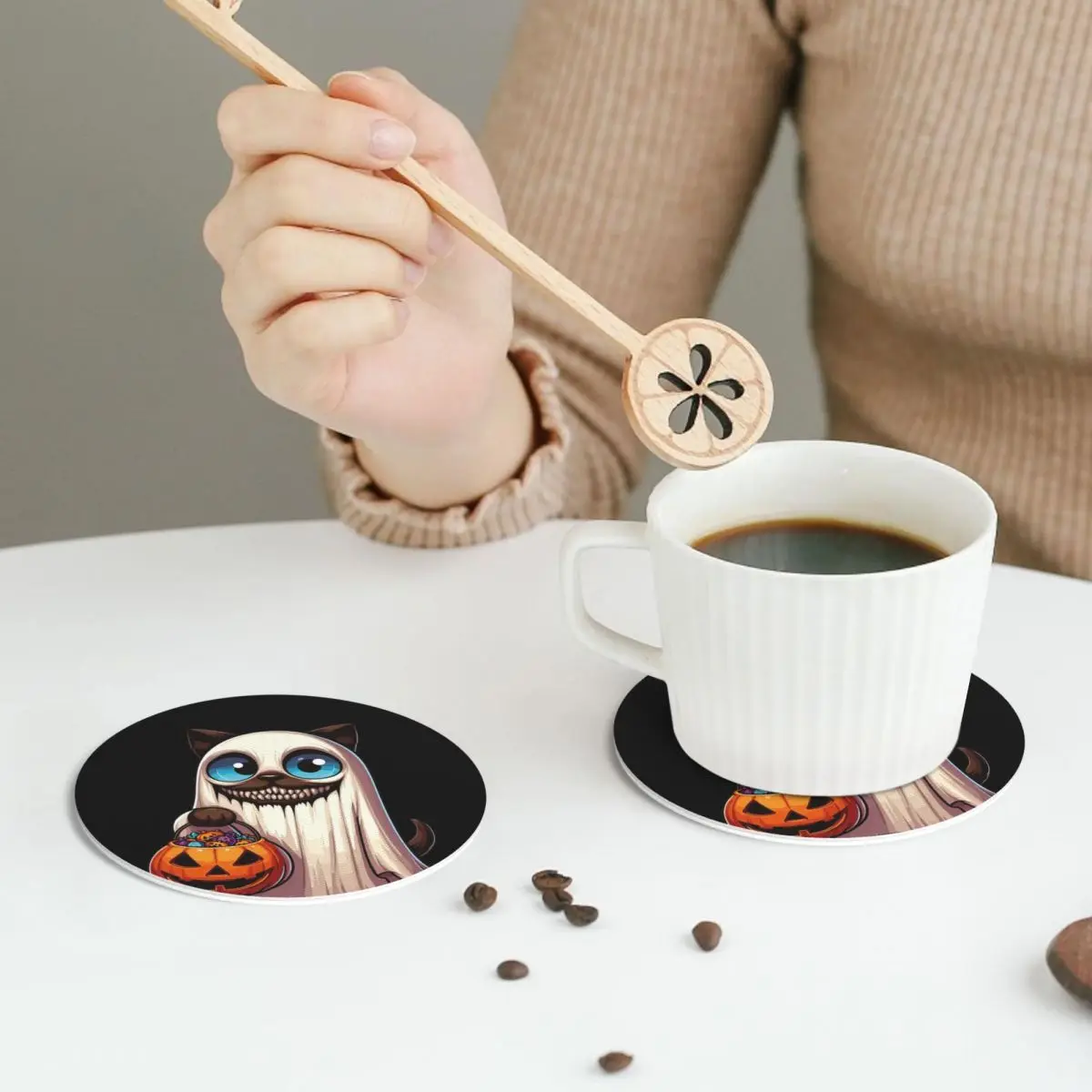 Siamese Cat Scary Halloween Ghost Spooky Pumpkin Candy Coasters PVC Leather Placemats Coffee Mats for Home Dining Pads Set of 6