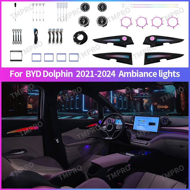 

Применим для 2021-2024 BYD Dolphin автомобильные окружающие огни, украшение интерьера автомобиля, 64 цвета, стандартные системы безопасности