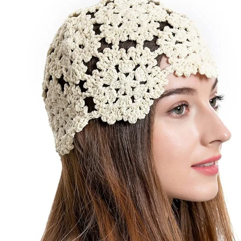 

Hollowed Out Knitted Hat Breathable Summer Flowers Beret Cap Casual Fashion Skullies Hat Women