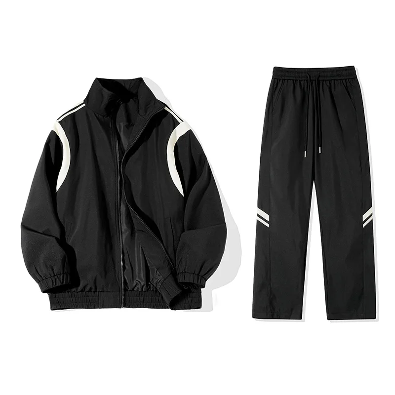 Side Stripe Stand Collar Zip Jacket Drawstring Pants Mens 2 Piece Tracksuit Loose Casual Youth Street Sports Outfit