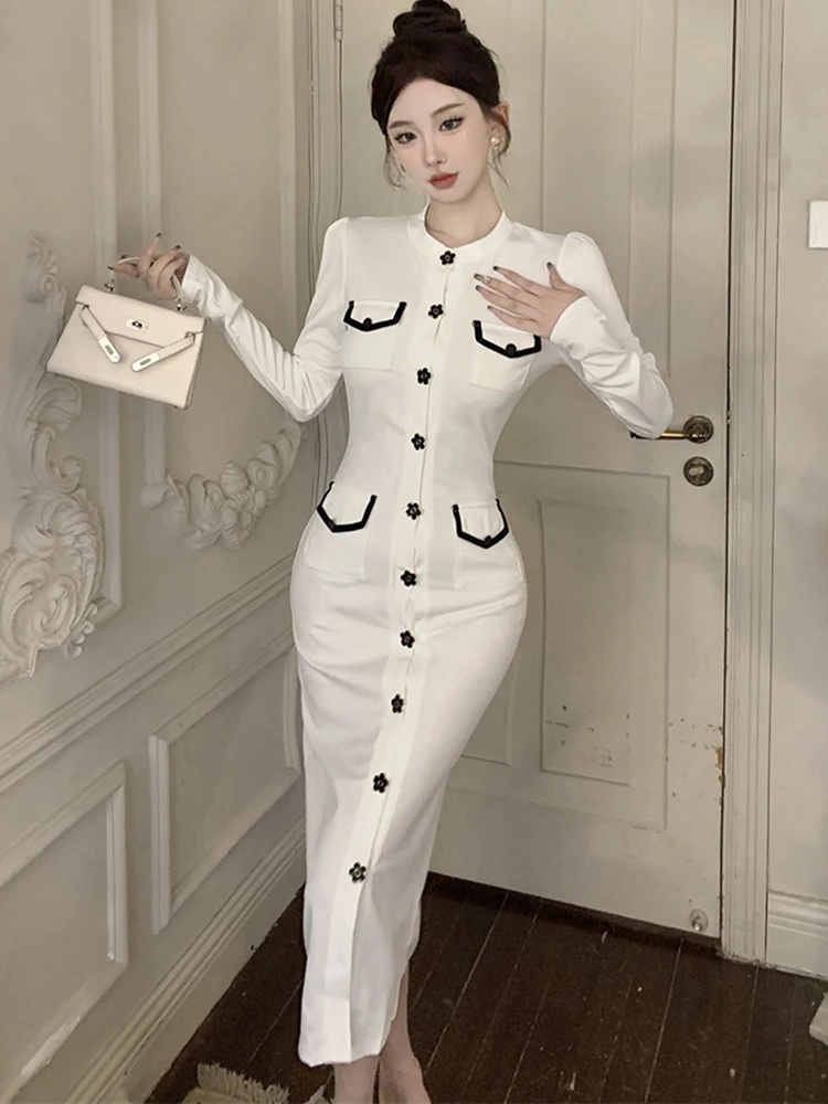 

White Long Sleeve Chic Floral Single Breasted Long Dress for Women 2025 Korean Bodycon Dress Autumn Winter Elegant Evening Dress
