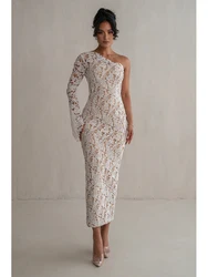Sexy Slanted Shoulder Lace Bandage Dress Women White Long Sleeve One Shoulder Bodycon Long Dresses Party Club Evening Gowns