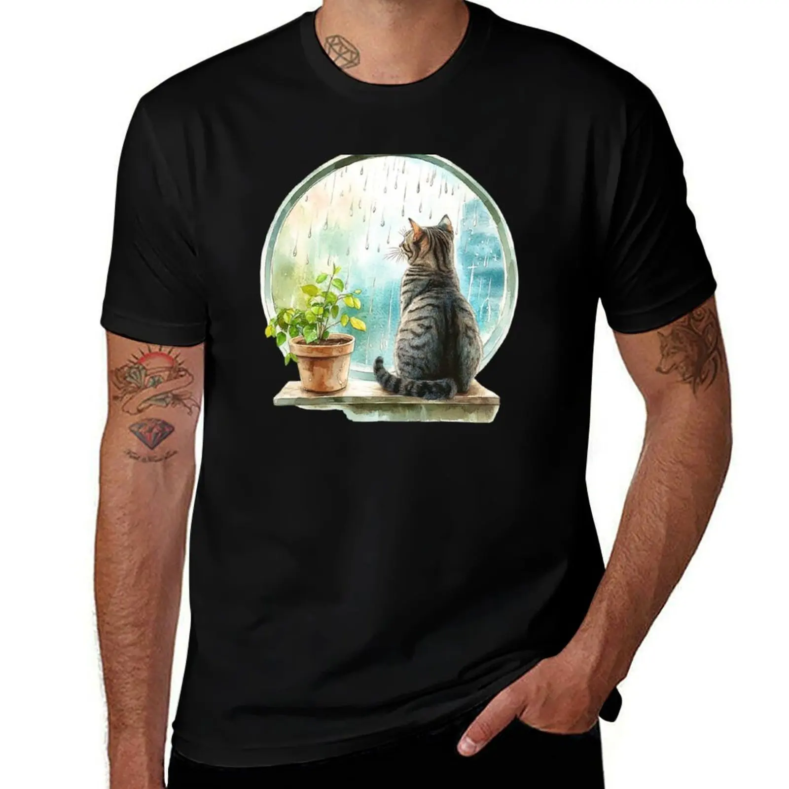 

Cat at Rainy Window T-Shirt basketball graphic tees clothes anime tshirt men clothing