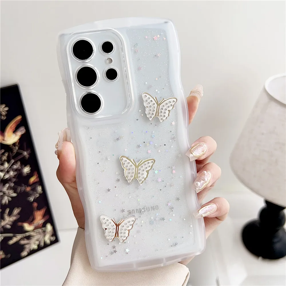 جراب هاتف شفاف على شكل فراشة ، لمعان ، حافة موجة ، غطاء ناعم ، ss24 ، S23 ، S22 ، S21 ، S20 Plus ، S23 Ultra ، S20FE ، S21FE ، S23FE ، Note 20