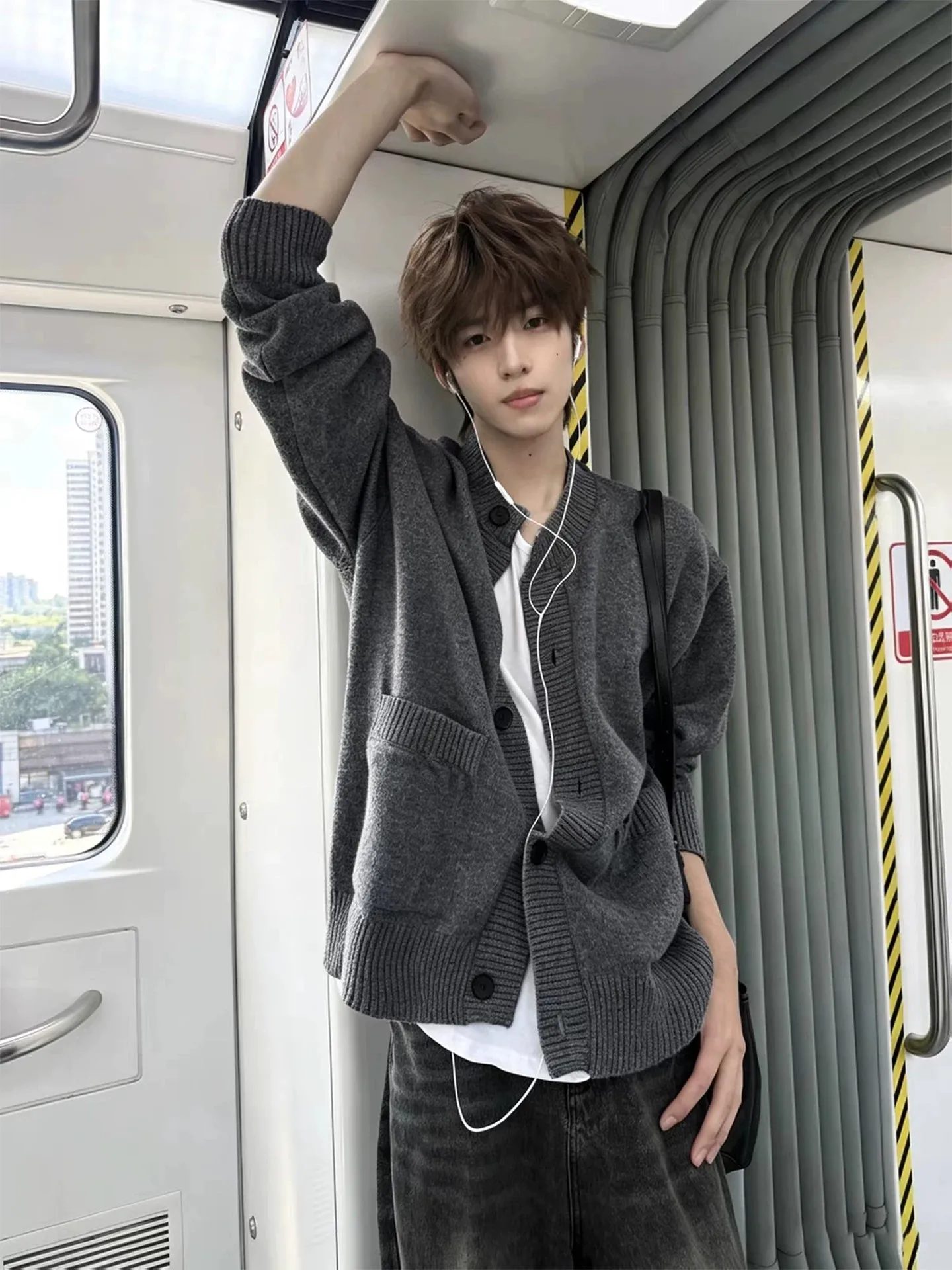 Gray American Style Open Cardigan Men's Loose Feeling Casual Knitted Sweater Autumn Leisure Wind Cleanfit Outdoor Jacket