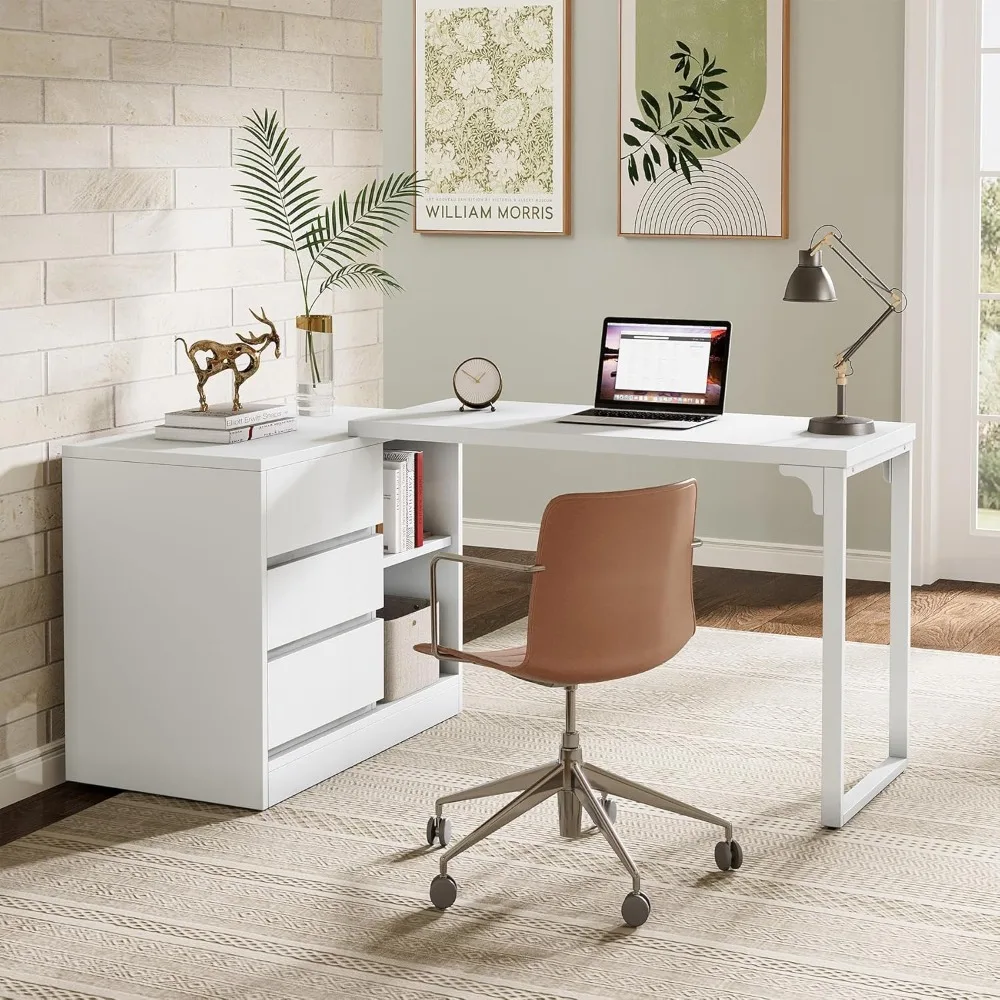 

L-shaped computer desk with drawers and shelves, reversible white corner office desk with storage cabinet