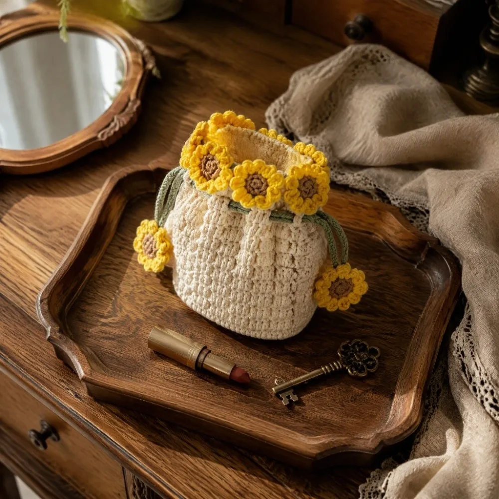 Handwoven Sunflower Design Organizer Pouch Tie Closure Adjustable Rope Hanging Storage Bag Crochet Fabric Pouch Card Key Storage