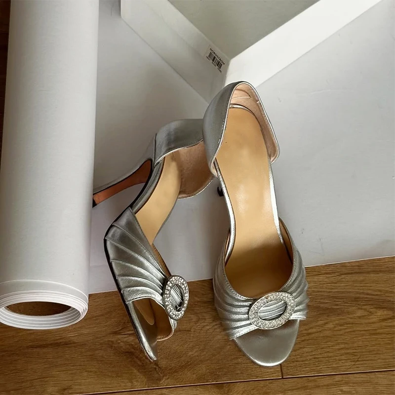 Vintage Open Toe Crystal Buckled Sandals Women's Wedding Elegant Sliver High Heels Luxury Designer Party Shoes image 3