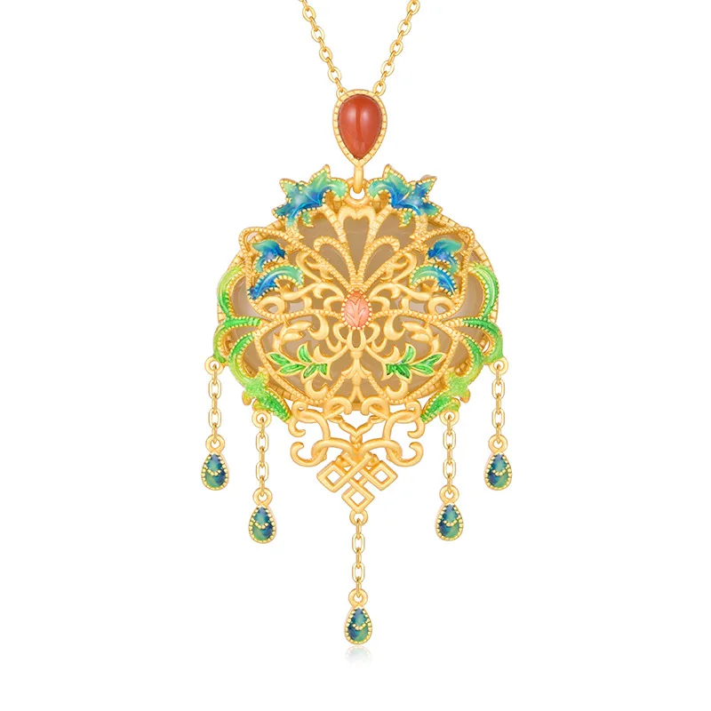 Ancient gold craftsmanship natural chalcedony butterfly tassel necklace Ruyi enamel pendant new palace style ladies jewelry