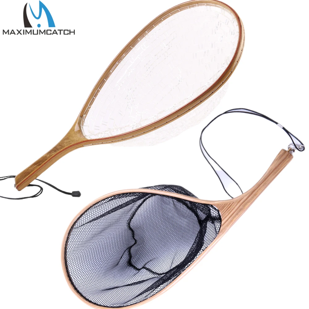 MAXCATCH Fly Fishing Landing Net Rubber Mesh Trout Catch Release Net Wooden Frame Lightweight Fishing Net Tool