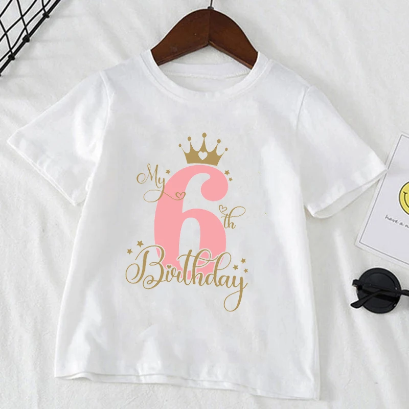 Kids T Shirt Birthday Numbers 1-10 Crown Shirt Summer Girls Birthday Tops White Short Sleeve Wild Tees Children Party Clothes