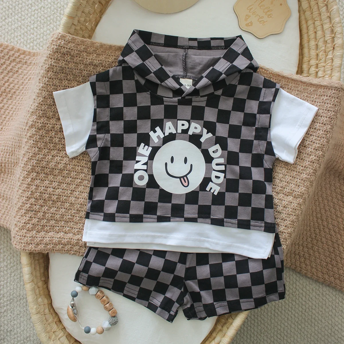 Summer Baby Girls Boys Hooded Cotton Sweatshirt with Cartoon Smiley Face Pattern+Casual Shorts Newborn Checkered Sports Set