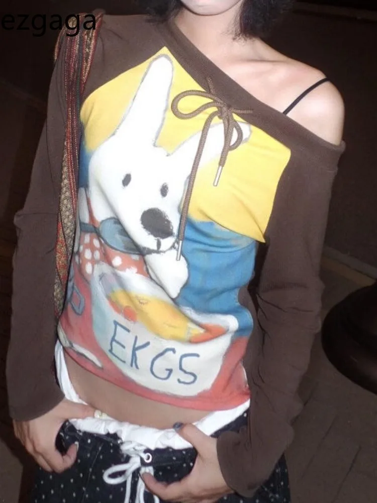 

Ezgaga Women T Shirts Vintage Drawstring Diagonal Collar Off Shoulder Oil Cartoon Rabbit Funny Sweet Crop Tops Slim Y2k Harajuku