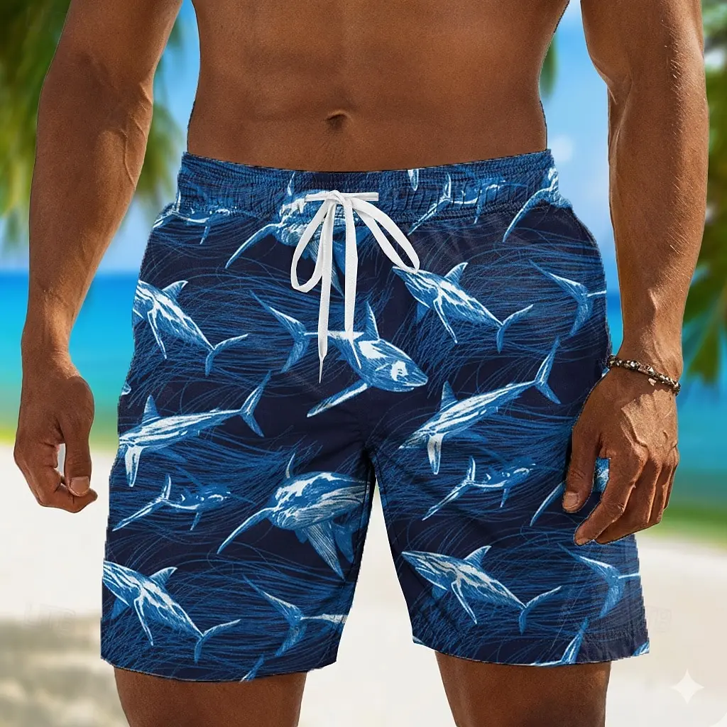 Men's Navy Blue Shark Print Drawstring Shorts, Casual Loose Swim Trunks For Spring Summer Beach & Vacation Wear