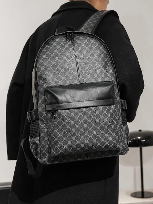 Retro College Style Men's Backpack PU Leather Casual Laptop Bag for Middle School Students Unisex Korean Version Trendy Bookbag