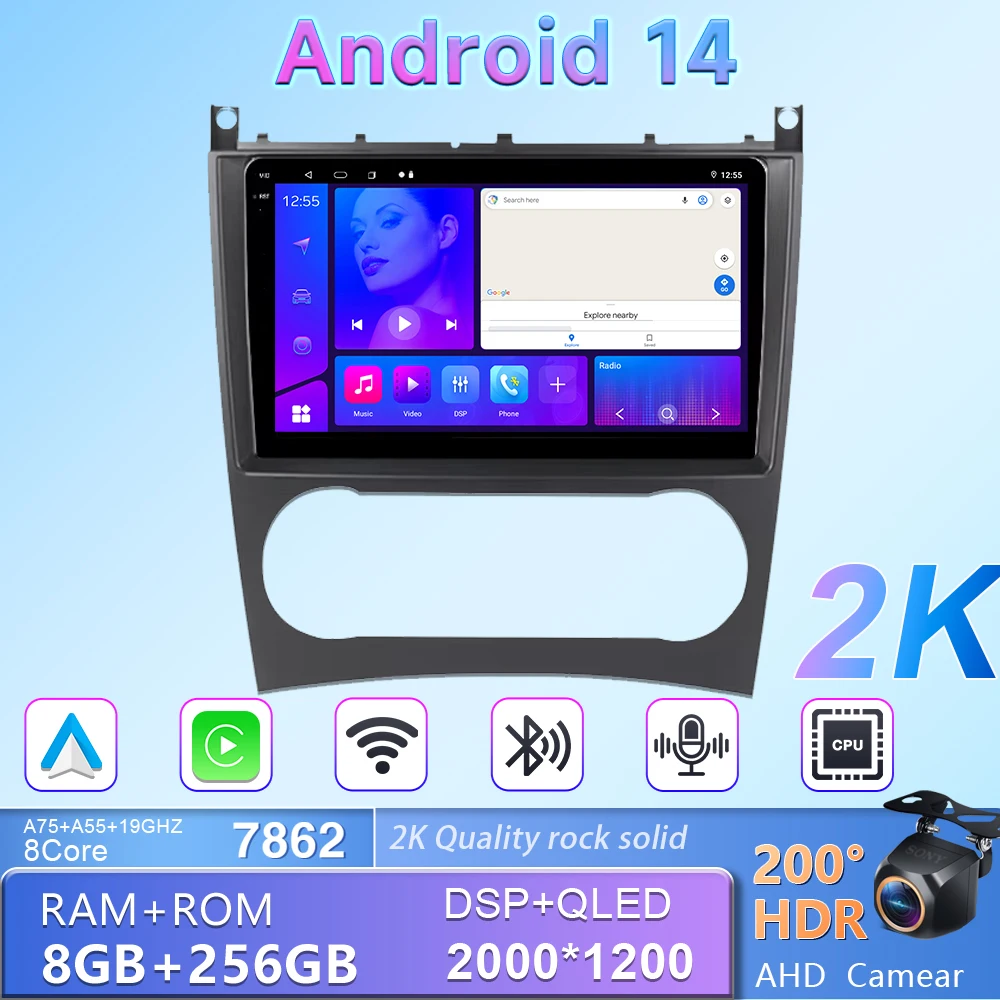 Android 14 for Mercedes Benz C Class W203 2005-2009 Car Multimedia Radio Player Bluetooth Stereo QLED Car Radio GPS Navigation