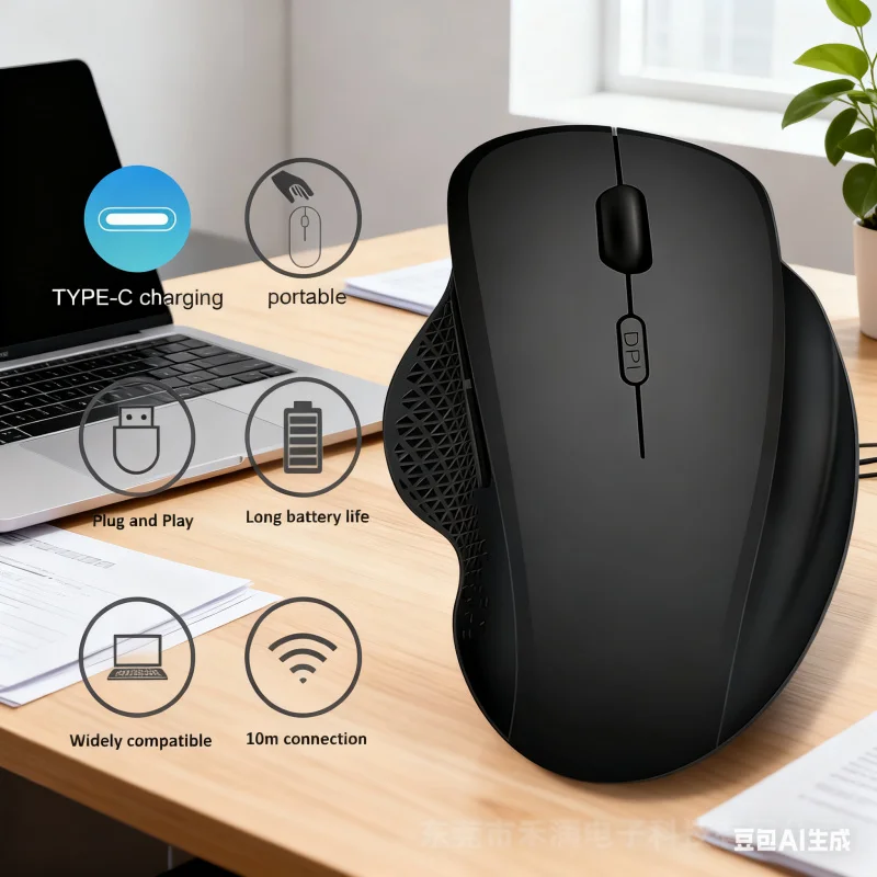 Ergonomic Wireless Mouse: 2.4GHz, 6 Buttons Optical 1600DPI Rechargeable Wireless Bluetooth Mouse