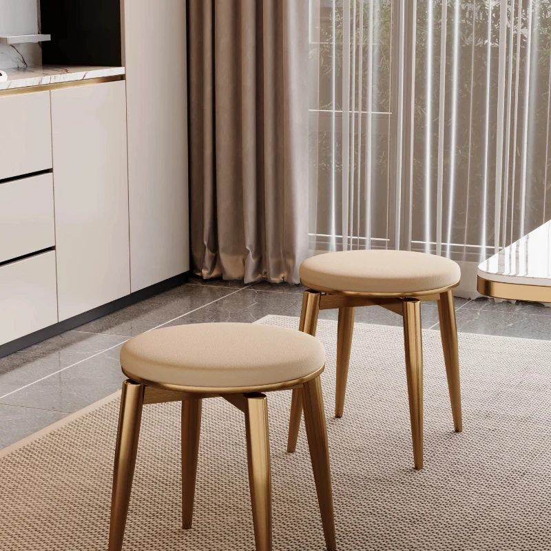 Light luxury stainless steel round stool Modern simple leather dining chair Home high-end dining table Spare dresser Small stool