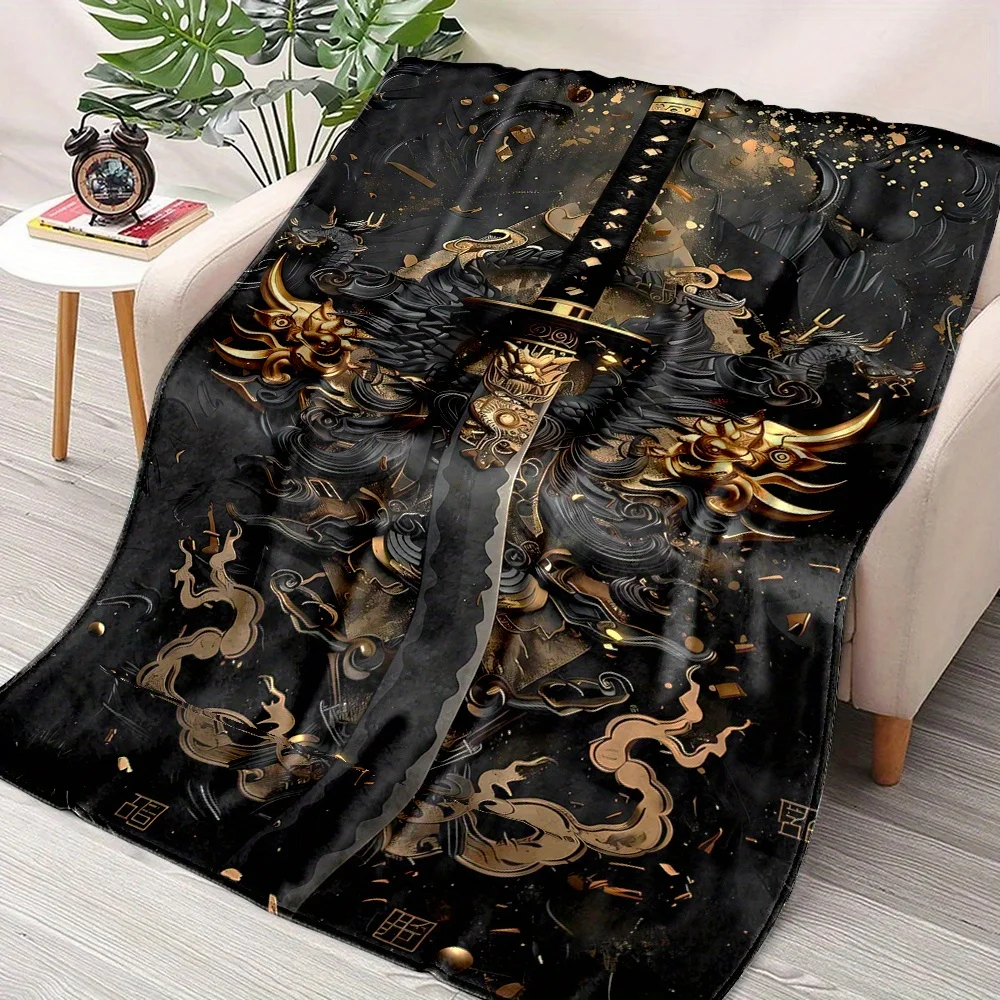 

Custom Katana Blanket Japanese Dragon Sword Gold Black Design Personalized Name Fleece Throw All Season Soft Warm Bedding Home