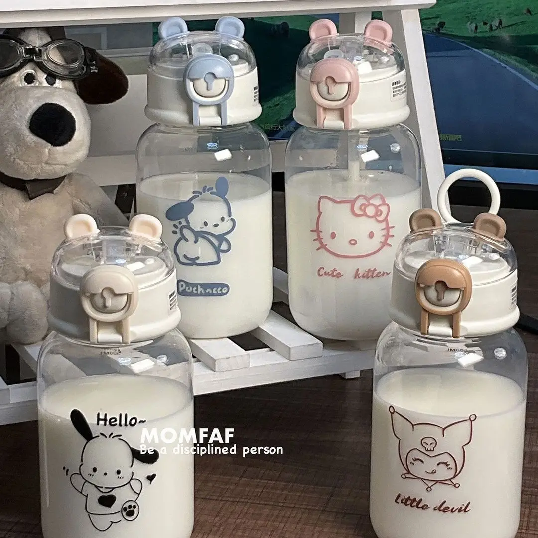 

400ML Sanrio Hello Kitty Water Bottle Transparent Straw Water Bottle Diy Anime Kuromi Cinnamoroll Plastic Cups Thing Gift