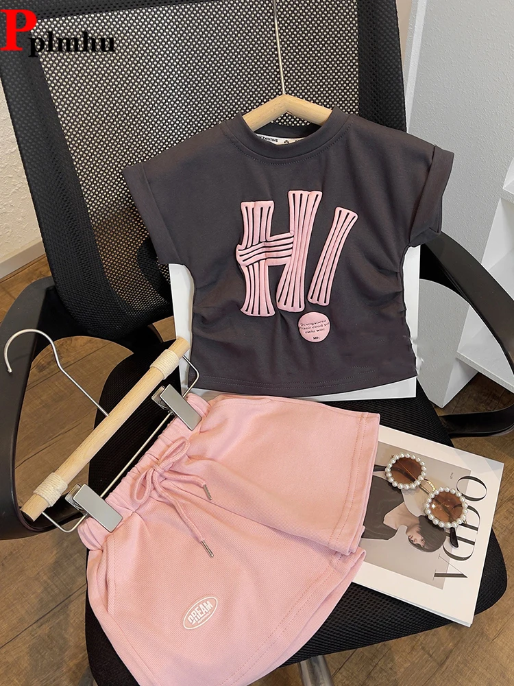 Girls T-shirts 2 Piece Sets Print Short-sleeve Tops Suit + Casual Lace Up Short Sweatpants Ensemble Summer Loose Kids Conjuntos