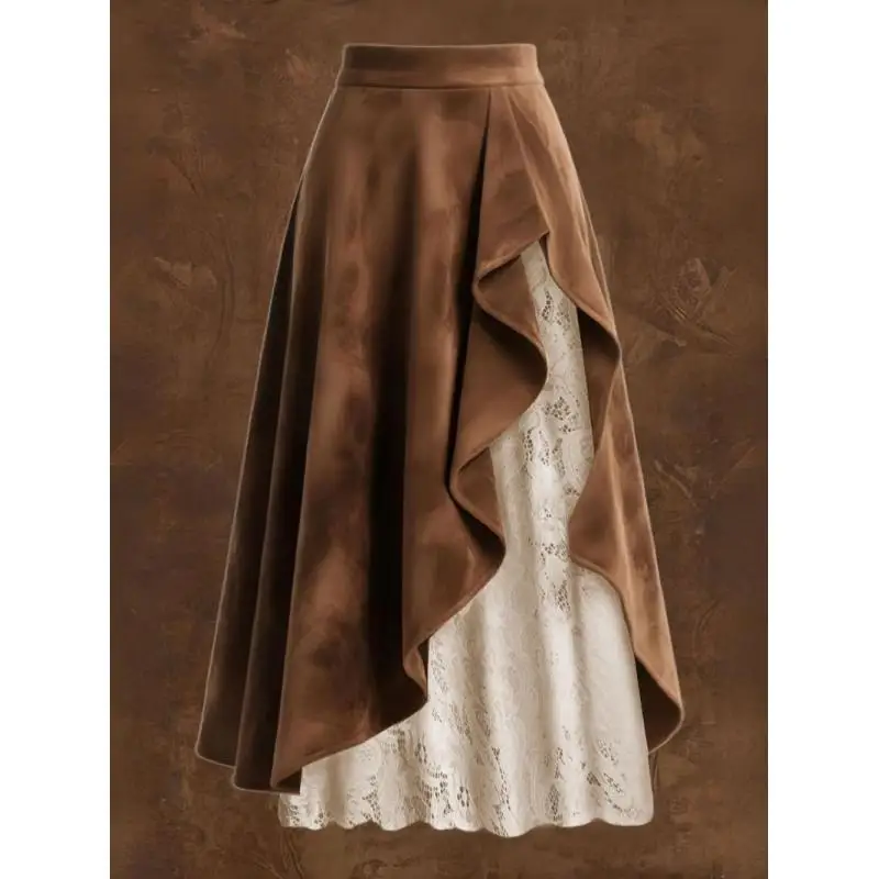 Women Western Vintage Suede Skirt High Waist Asymmetrical Ruffle Lace Patchwork  Skirt Boho A Line Casual Party Skirt