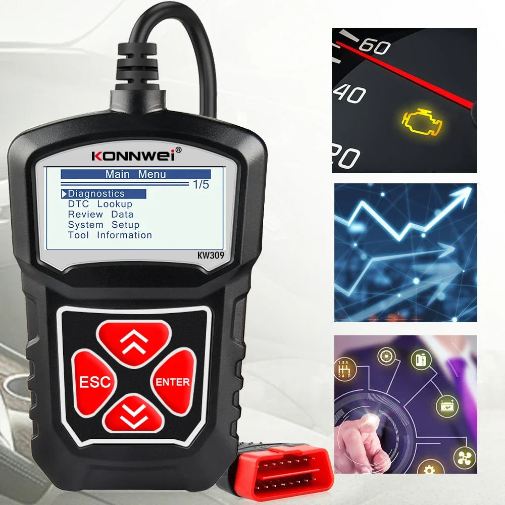 2026 KONNWEI KW309 أداة تشخيص الماسح الضوئي obd2 للسيارات 12 فولت EOBD رمز خطأ البيانات الحية قراءة أداة تشخيص المسح PK Elm327