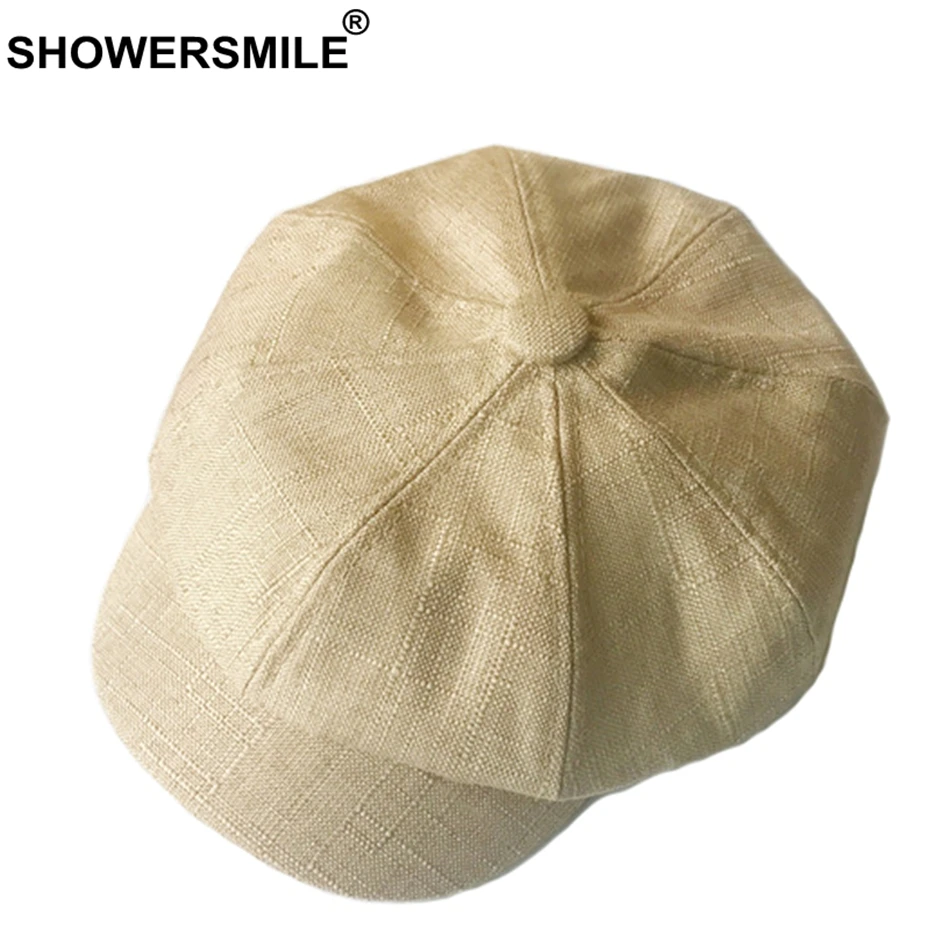 SHOWERSMILE Linen Newsboy Cap Women Solid Vintage Octagonal Cap Men British Style Painter Hat Grey Khaki Autumn Caps And Hats