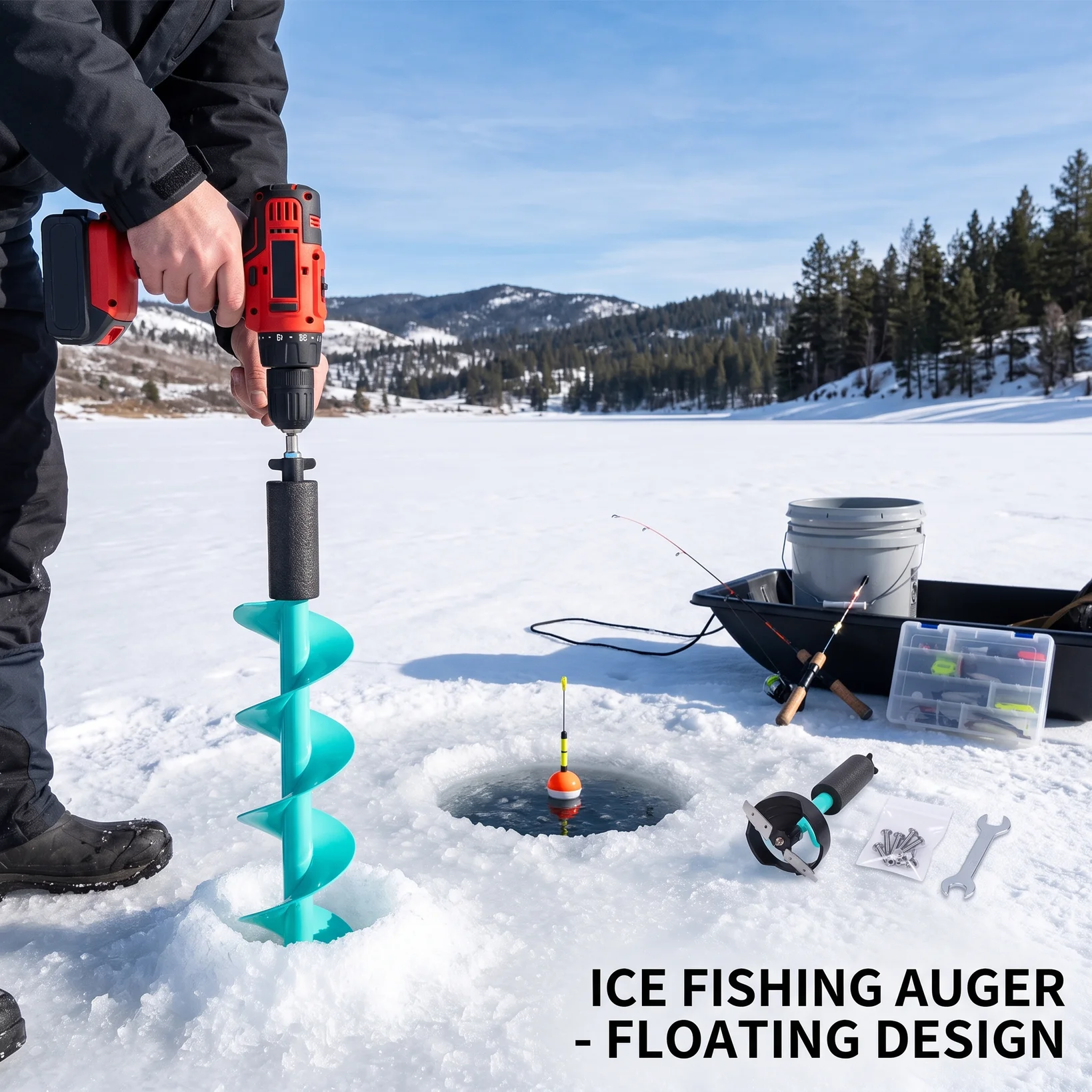 Ice Auger Bit 28 inch Long Easy Installation 6 Inch Rotating Diameter Floating Drill Auger with Locator for Winter Fishing