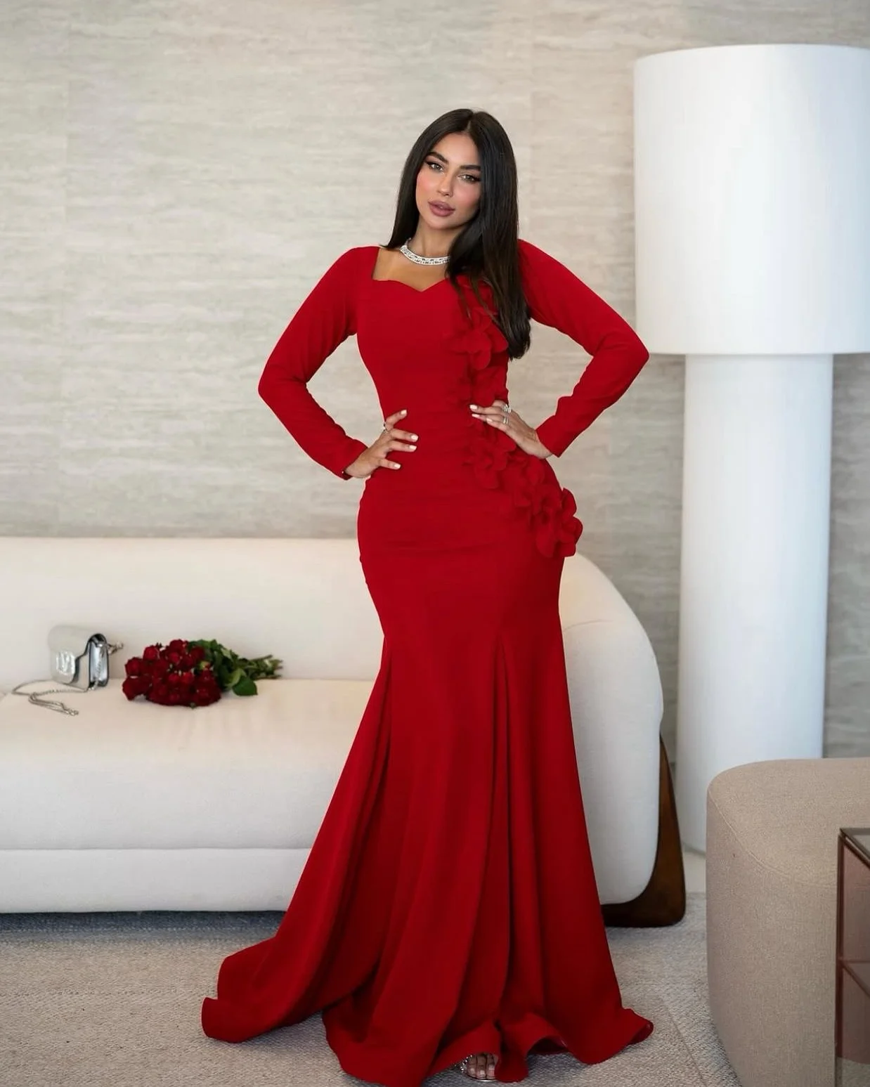 

Red Mermaid Evening Dresses Sweetheart Full Sleeve Vestido de Soriee Formal Dinner Dress Stain Flowers Appliques Customized