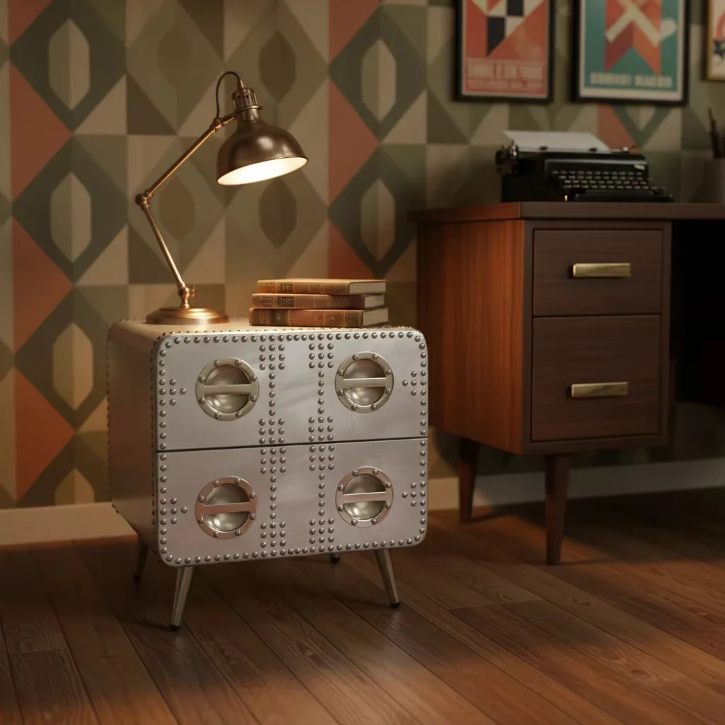 American retro metal aluminum sheet solid wood frame living room side table bedroom bedside table