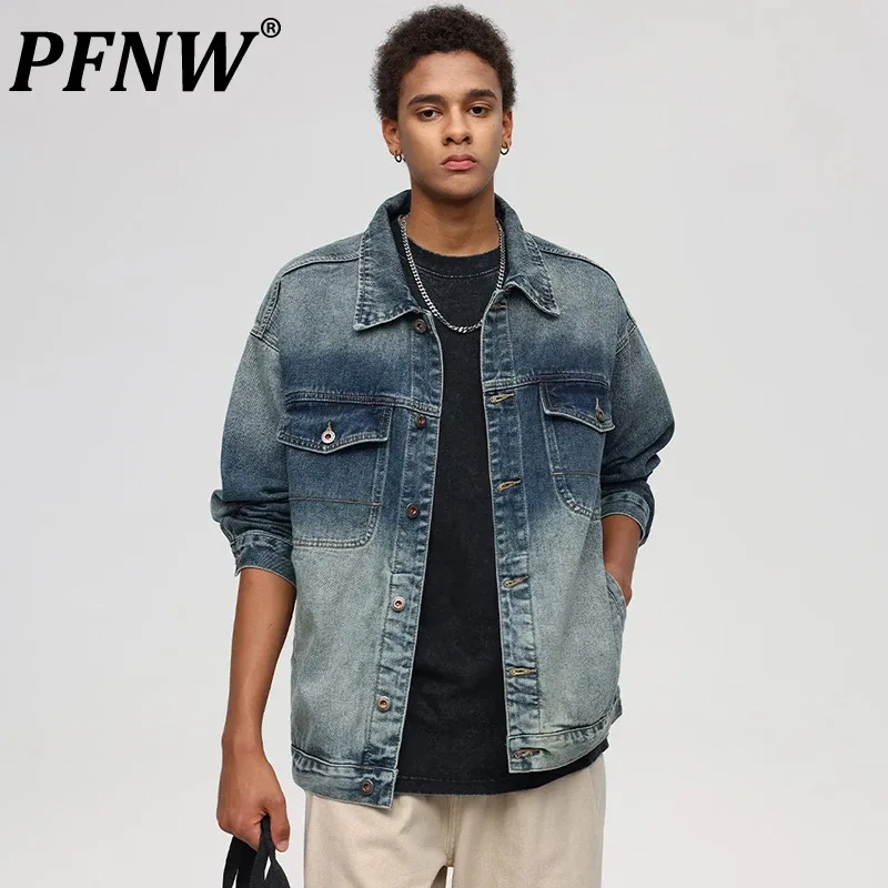 

PFNW Men's American Denim Jackets New High Street Lapel Long Sleeve Washed Worn-out Loose Male Tops 2024 Autumn Chic 28W4170