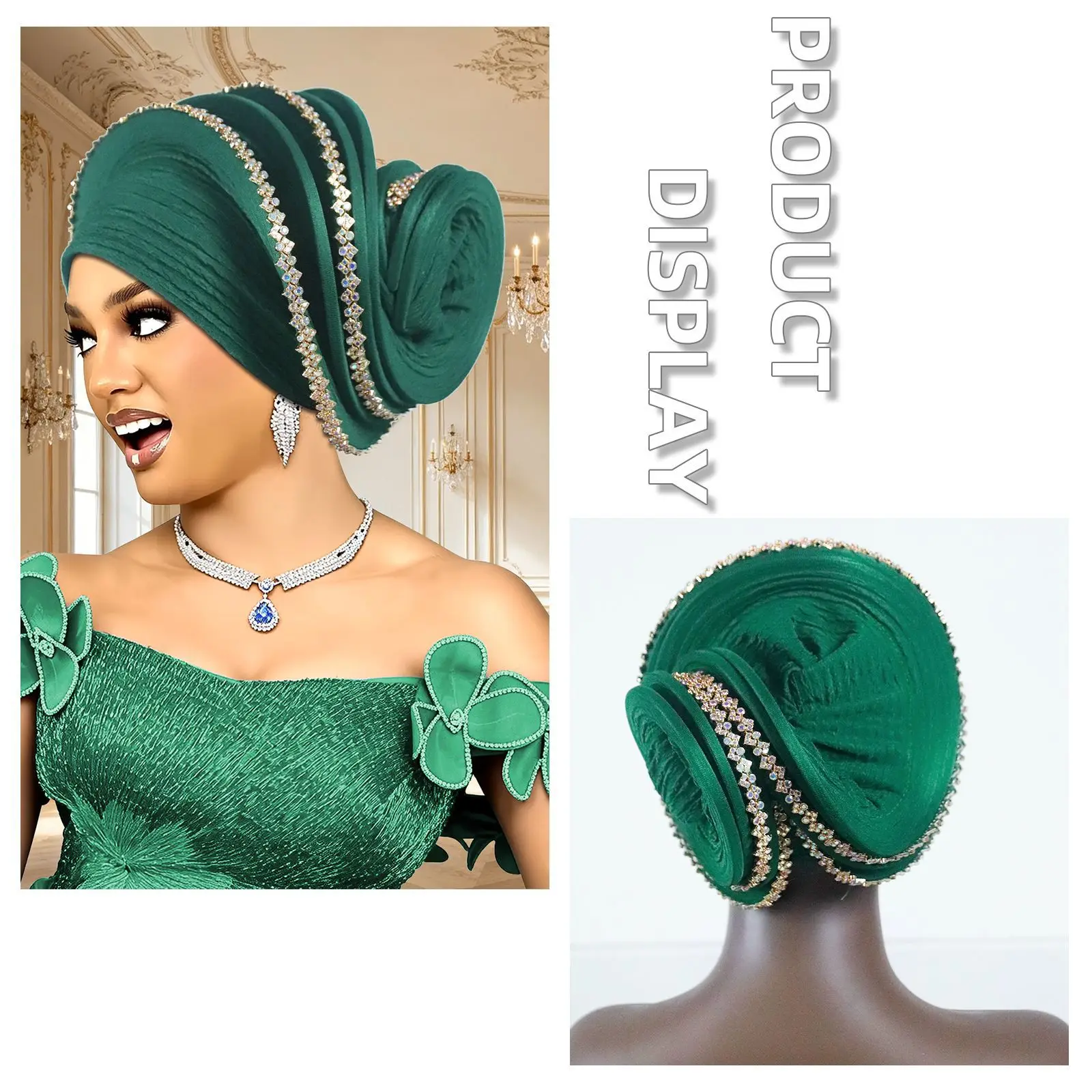 Sparkling Rhinestone Spiral Turban Hat Ladies African Nigeria Auto Gele Wedding Party Head Wrap Muslim Hijab Bonnet Fashion