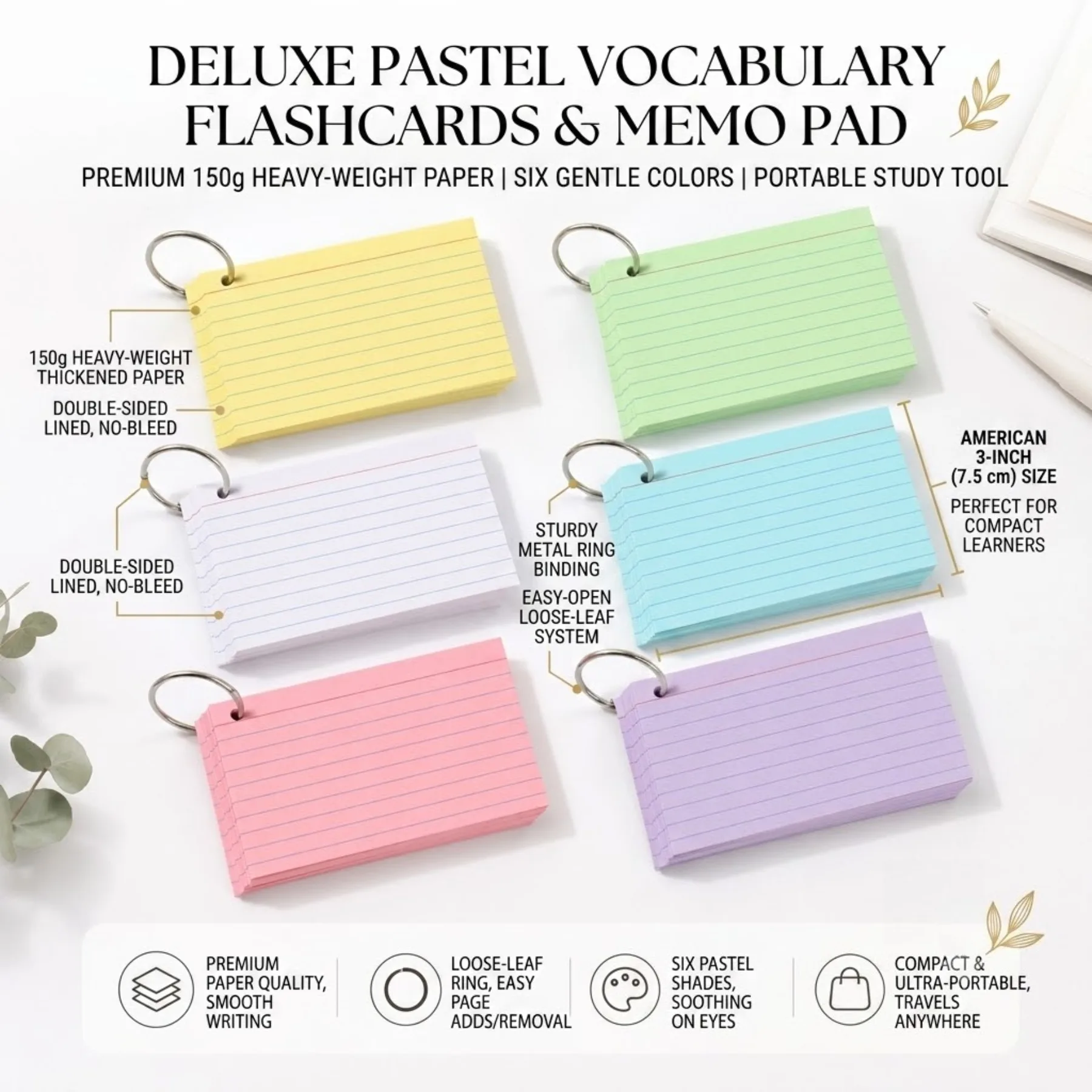 2PCS Colored Lined Index Cards, Heavyweight Flash Note Cards with Rings, Study Supplies for School & College
